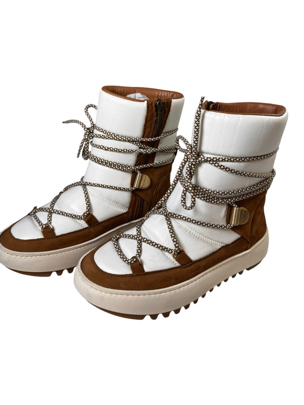 NWT Aquatalia Winter Puffer Snow Boots Suede Leather Lug Sole White Brown Size 8